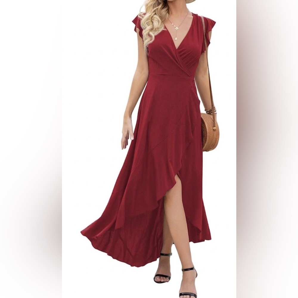 Elegant Burgundy High-Low Wrap Dress